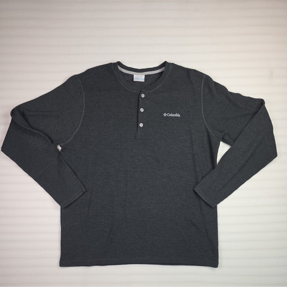 Columbia Henley Shirt Mens XL Charcoal Gray Waffle Knit Long Sleeve Pine Peak